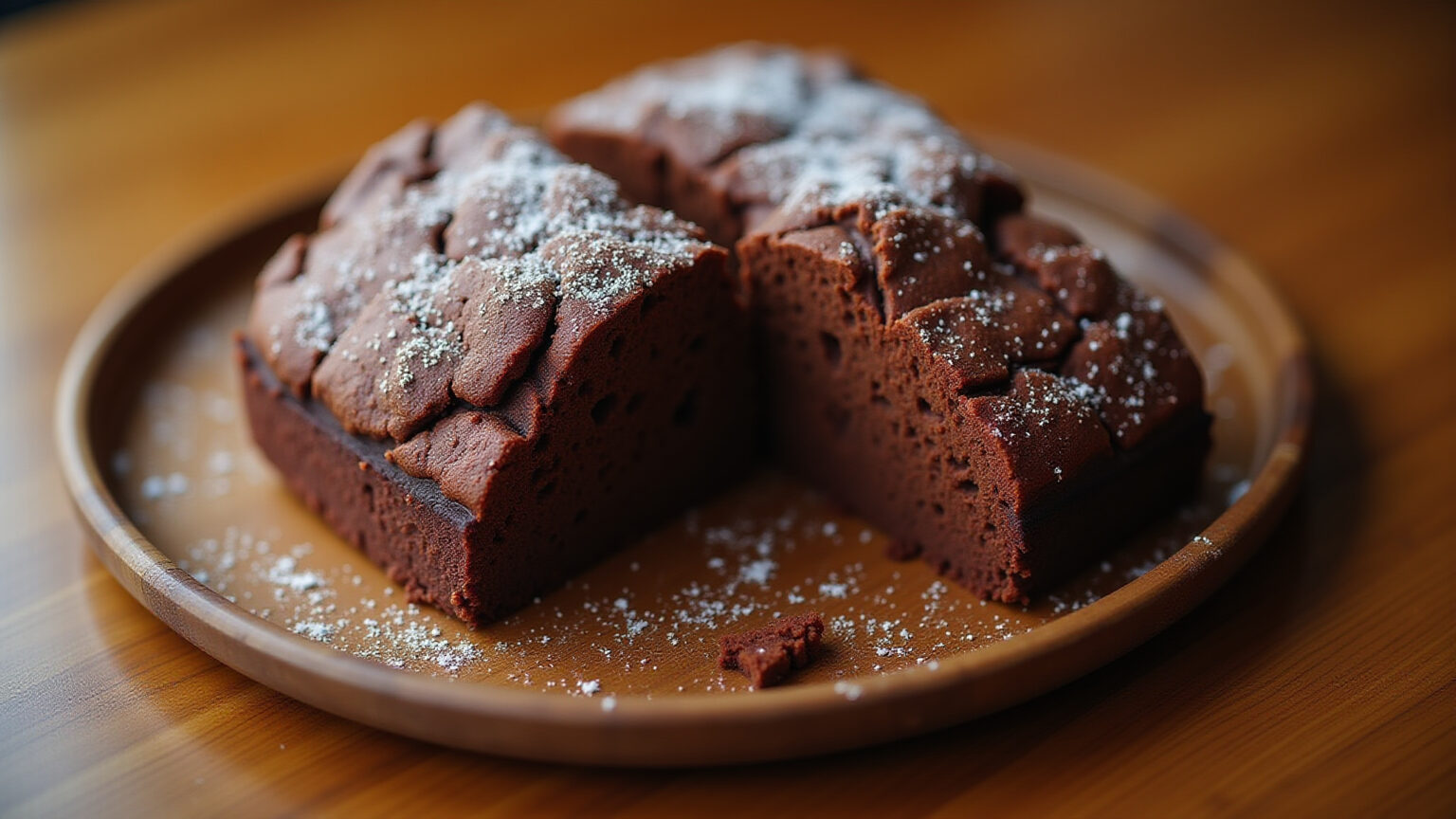 Bolo de chocolate fofinho e úmido em mesa de madeira.